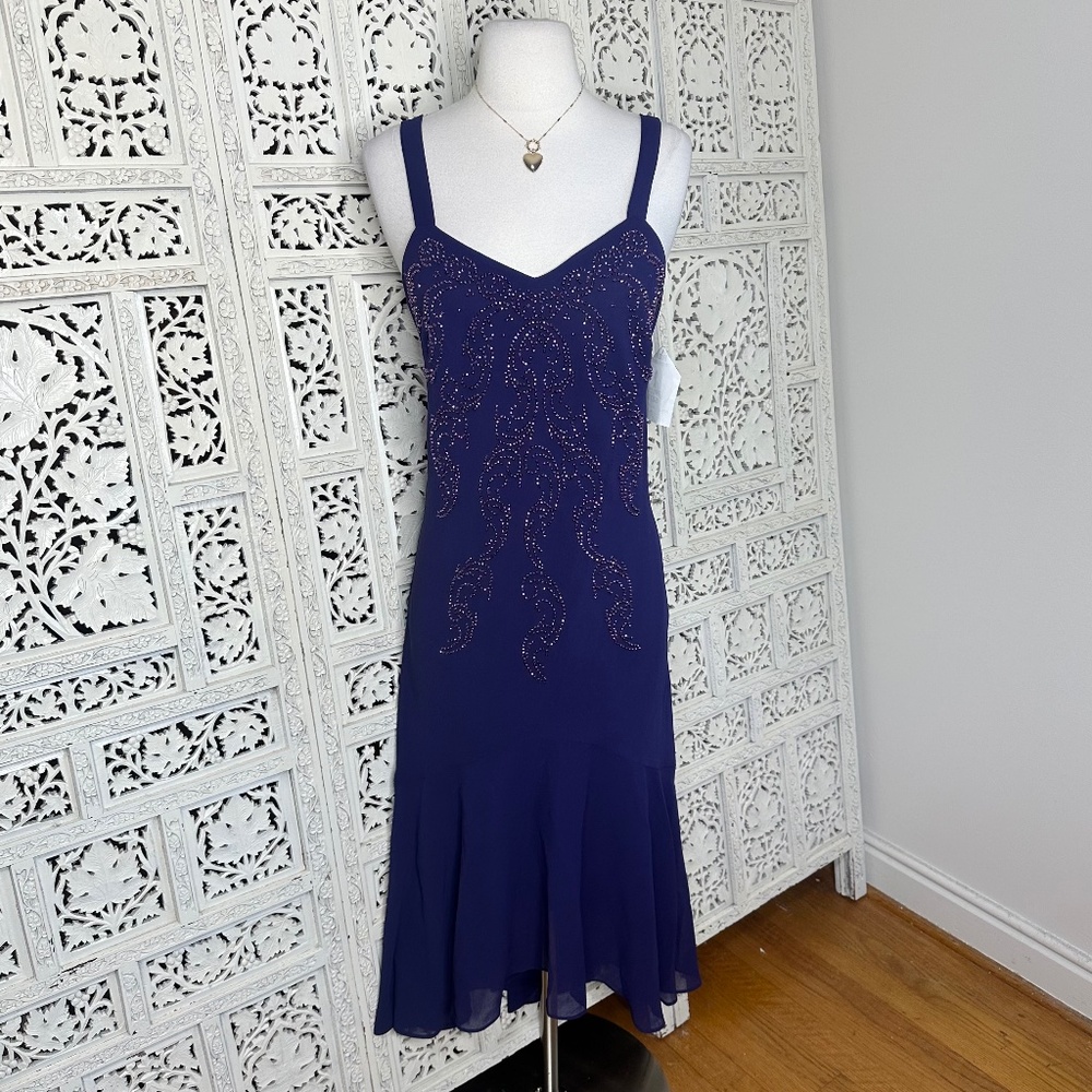 NWT R&M Richards Purple Beaded Fairy Flowy Sleeveless‎ V Neck Formal Dress Sz M